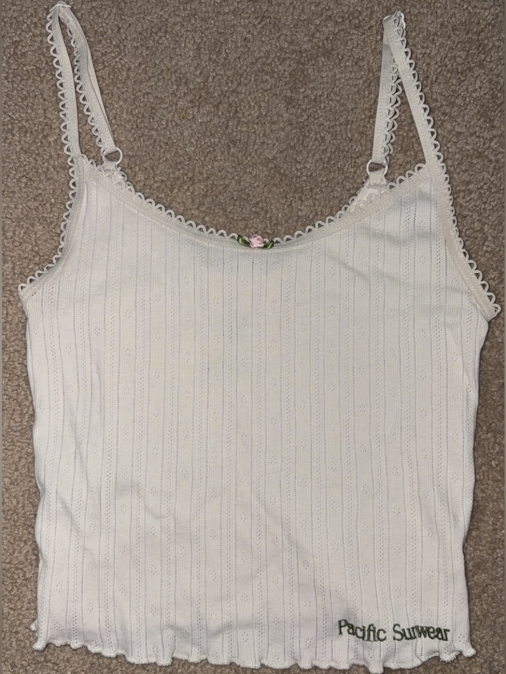 Pacific Sunwear White Ribbed Lace-Trim Cami with Pink Rose Accent
